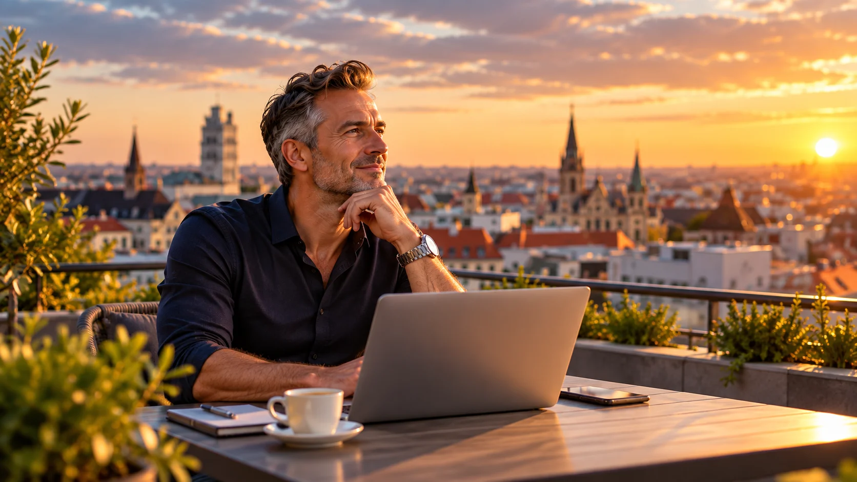 Vertriebspartner arbeitet mit Laptop auf einer Dachterrasse